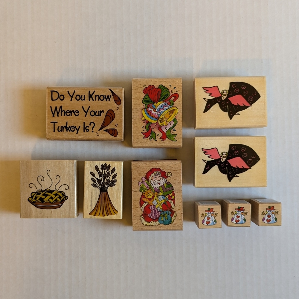 10 Wood-Mounted Rubber Stamps for Thanksgiving and Christmas